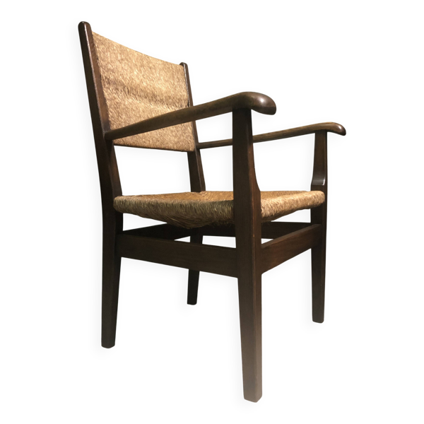 Fauteuil en chêne et paille néerlandais des années 1930.