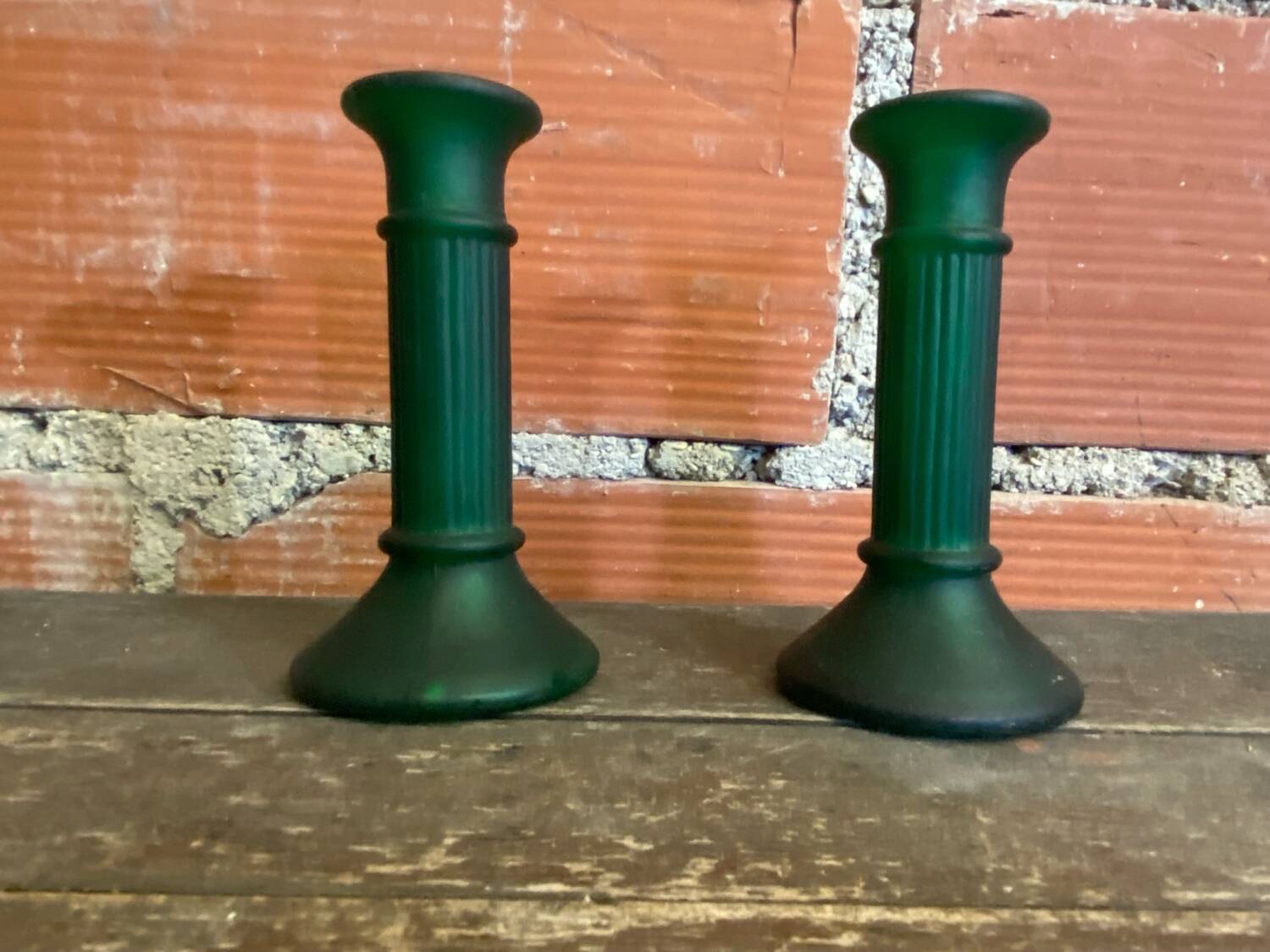 Pair of Antique Green Moulded Glass Candle Holders Column Shape Vintage #D813