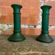 Pair of Antique Green Moulded Glass Candle Holders Column Shape Vintage #D813