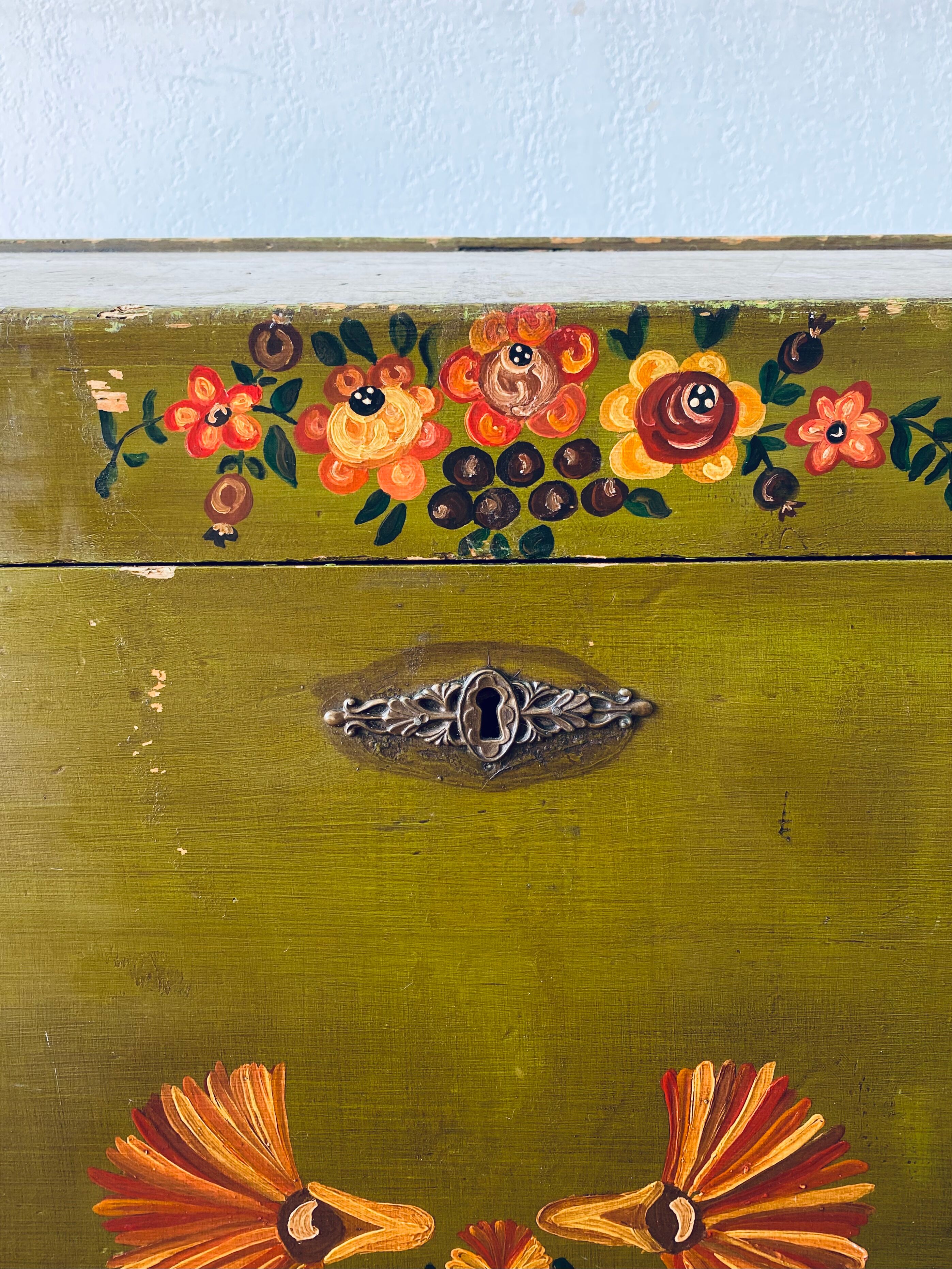Large antique trunk hand-painted décor