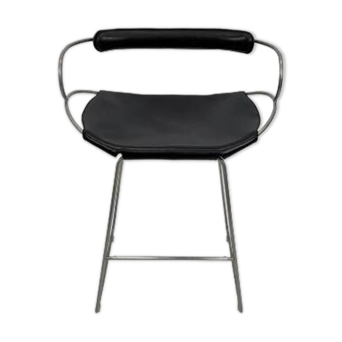 Contemporary kitchen bar stool with black steel backrest.