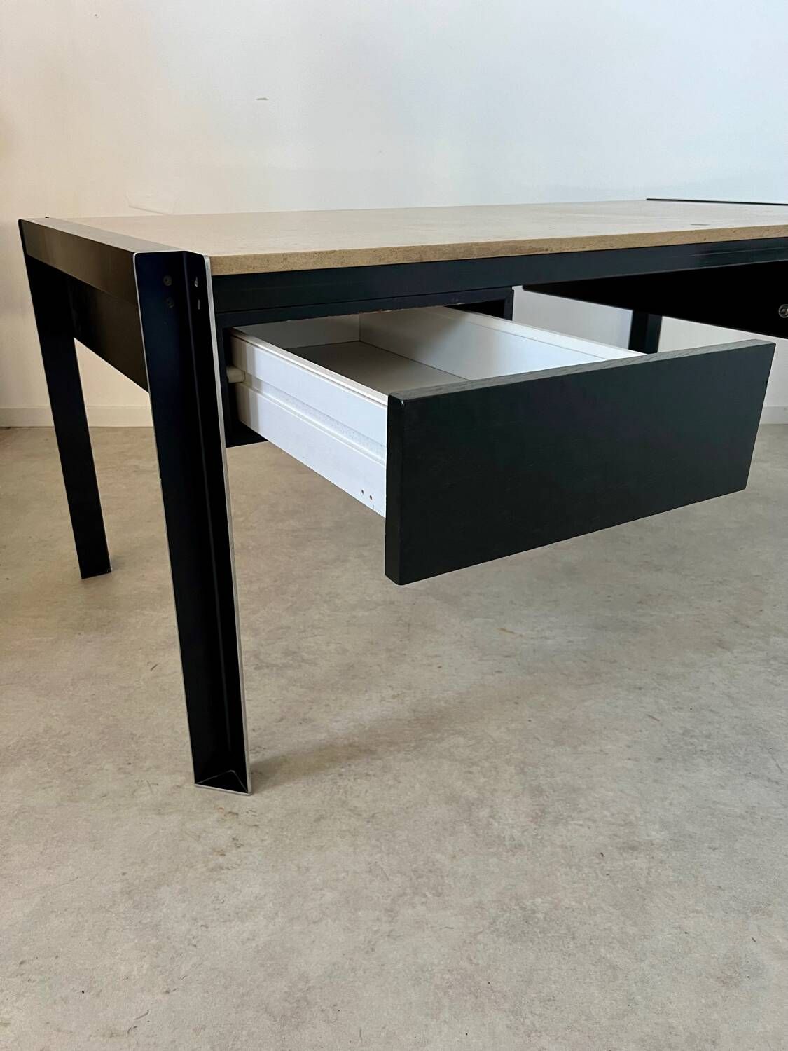 Italian design postmodern desk in metal and vintage 80s travertine top