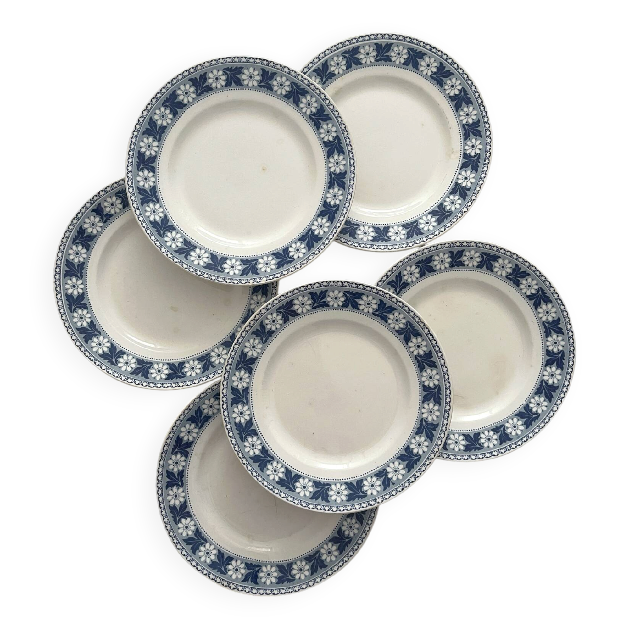 6 antique dessert plates, ironstone "Nancy" Sarreguemines