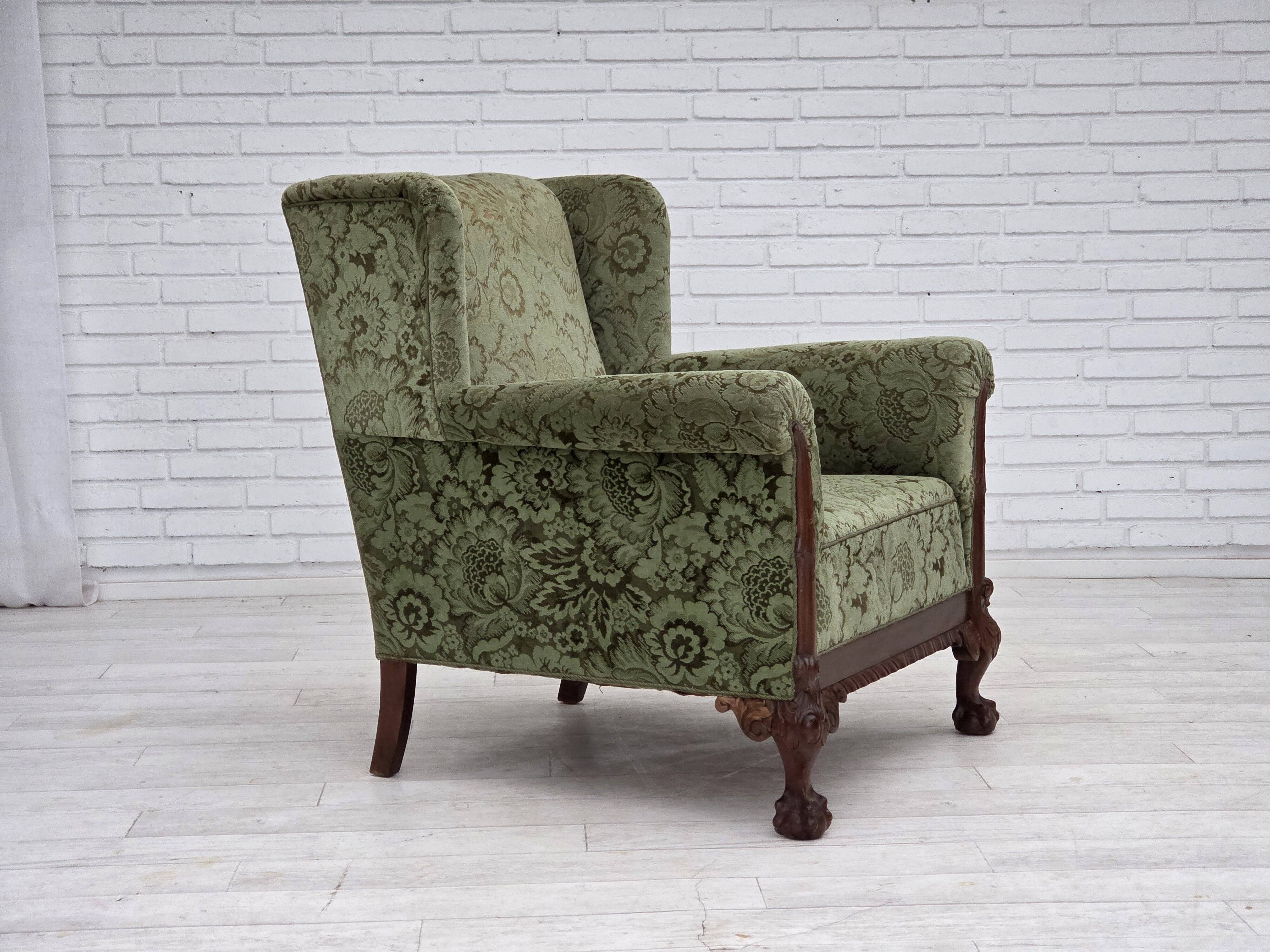 1950s, Danish relax armchair, green furniture velour, carved oak wood.
