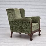 1950s, Danish relax armchair, green furniture velour, carved oak wood.