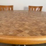 Old inlaid wood table designed by Dieter Waeckerlin Idealheim from the 70s with metal foot