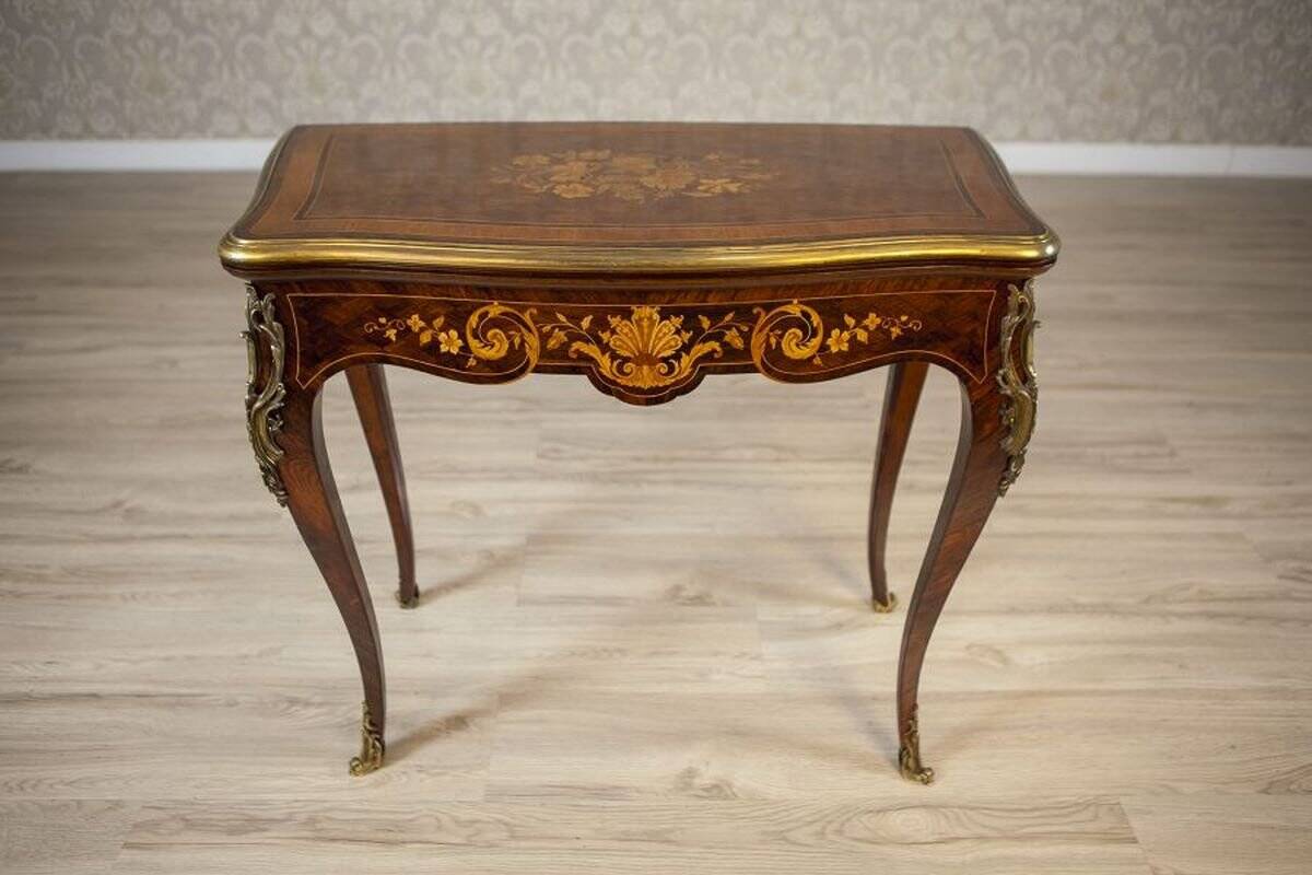 19th Century Inlaid Card Table Lined with Green Fabric