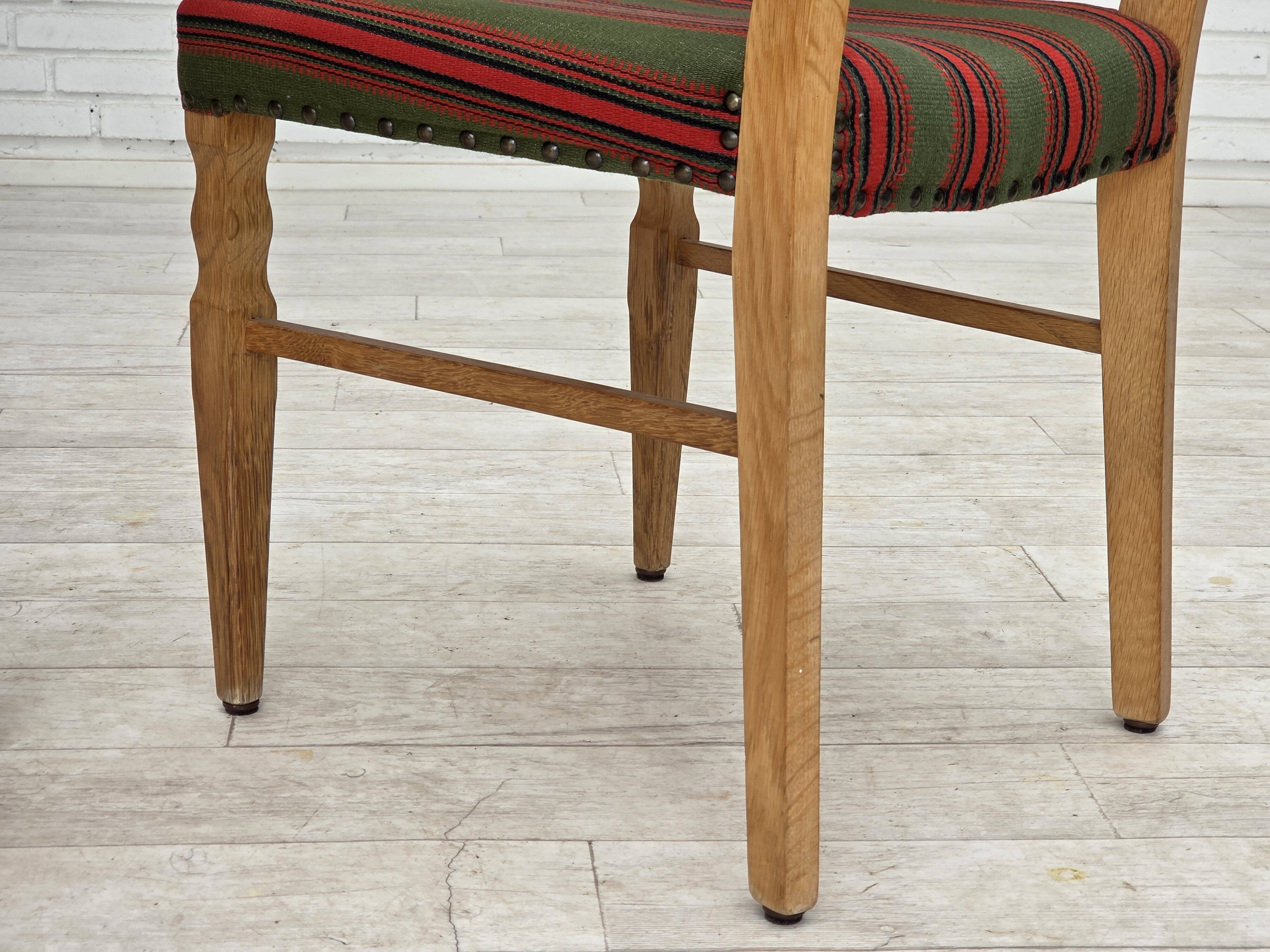 1970s, set of 2 Danish dining chairs, furniture wool, solid oak wood.