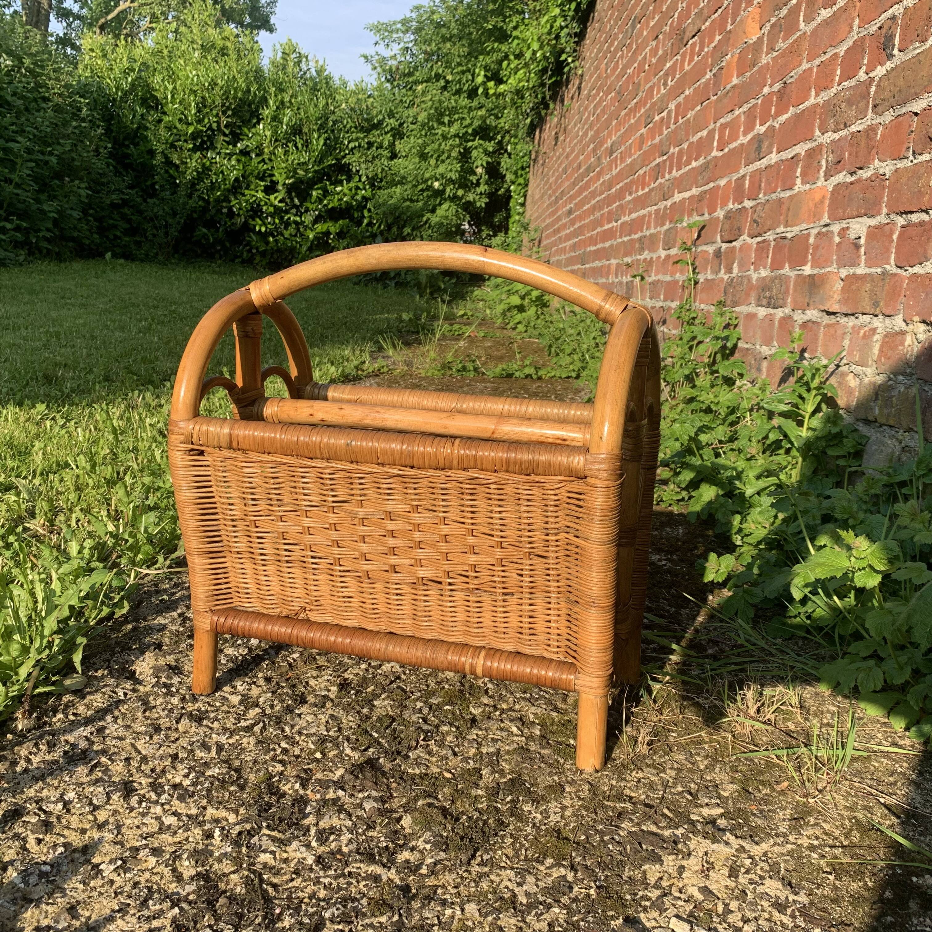 Vintage wicker and bamboo magazine rack