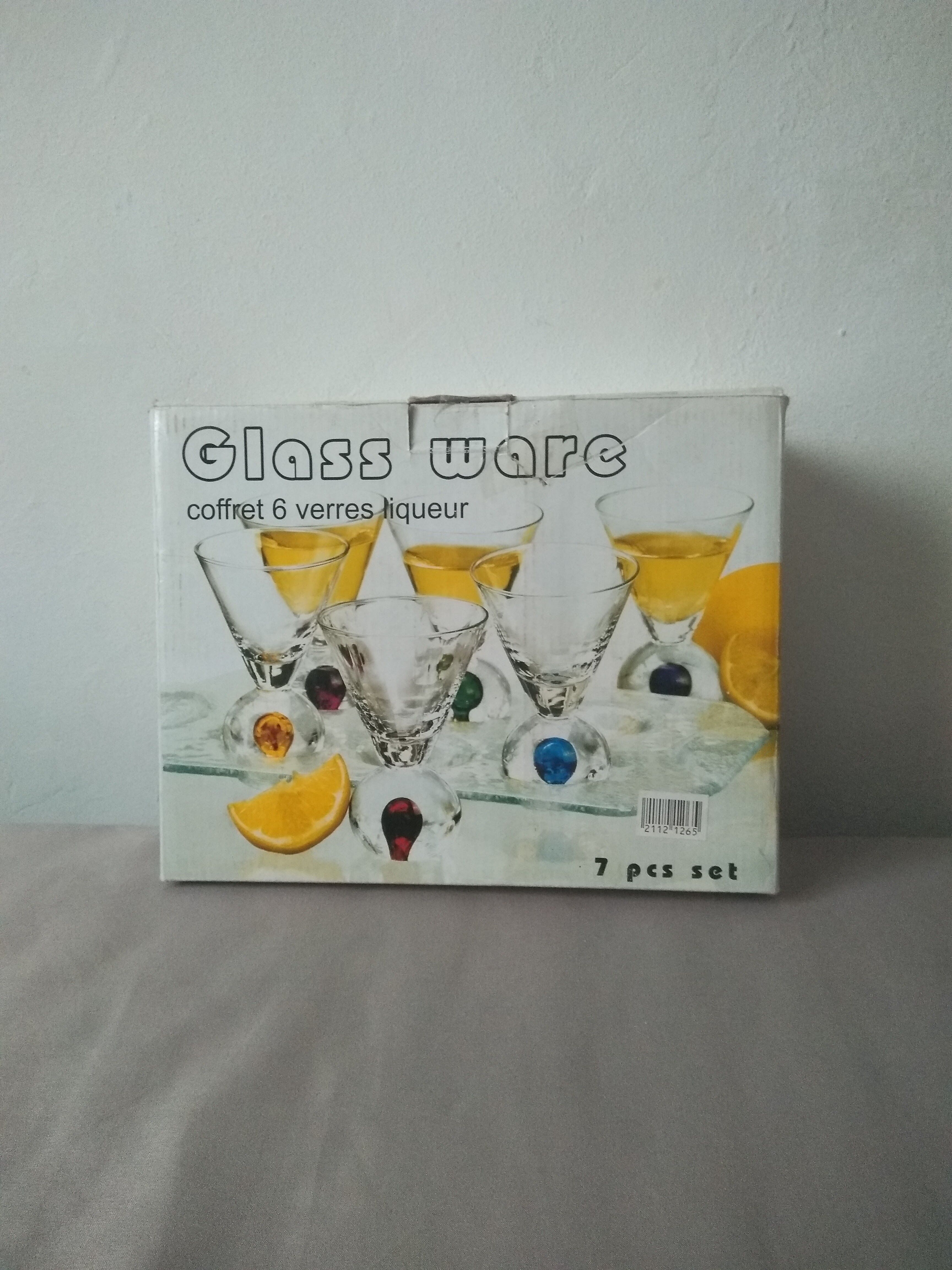 Box 6 liqueur glasses, colored ball base + serving tray, new