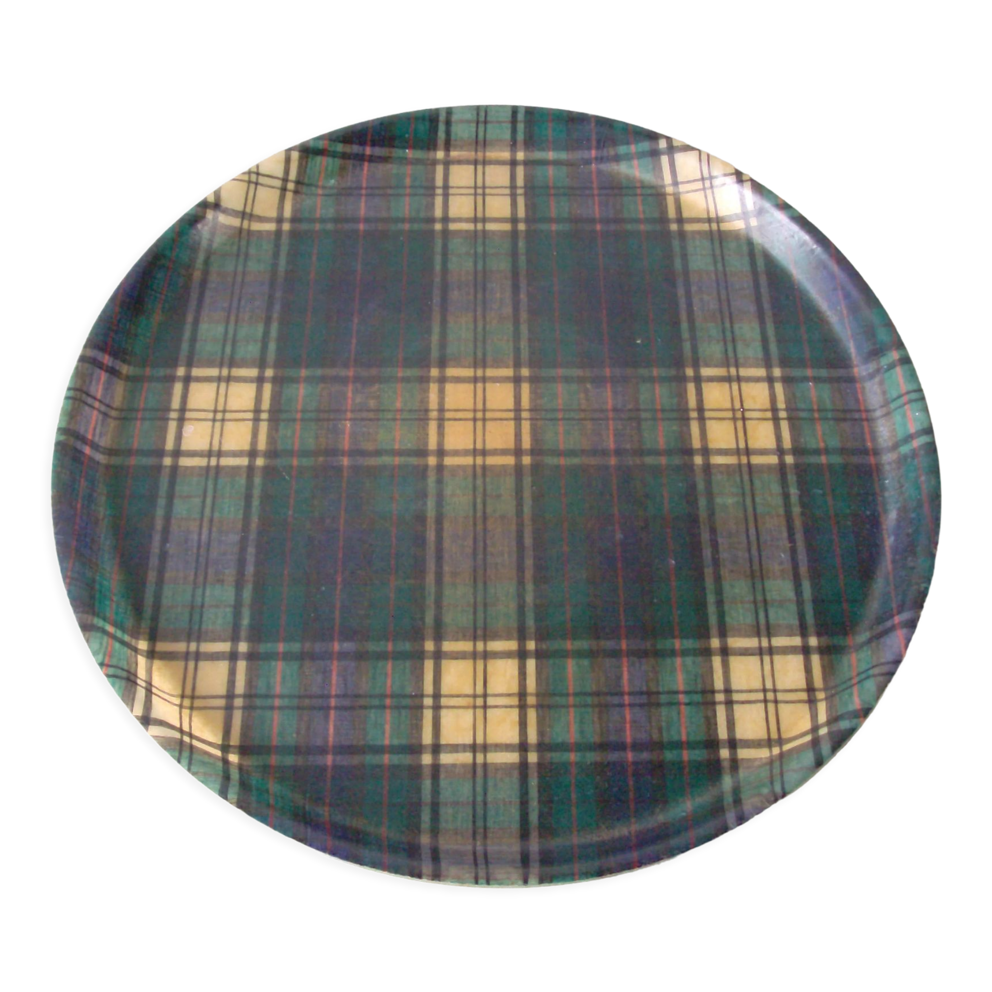 Serving tray round fiberglass 1960s/70s scottish décor tartan