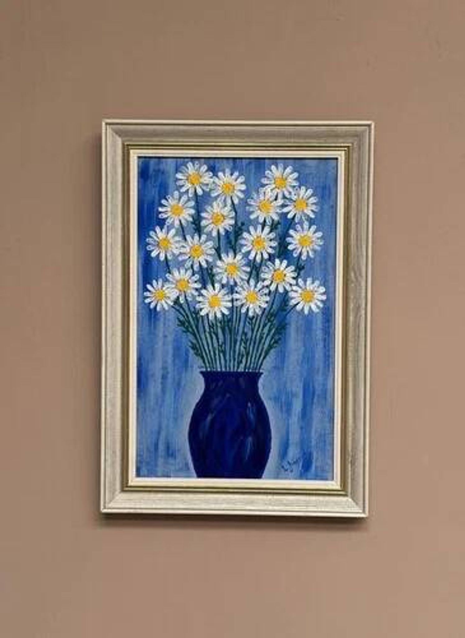 Swedish Oil on Canvas “Blue vase with flowers” by L jonsson Vintage 45x31cm