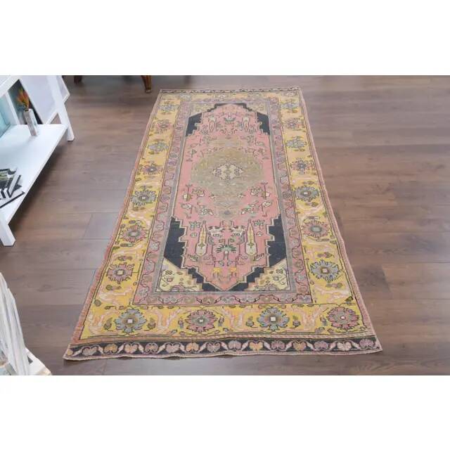 1970s Turkish Oushak Handmade Wool Cotton Pink Area Rug 108x225