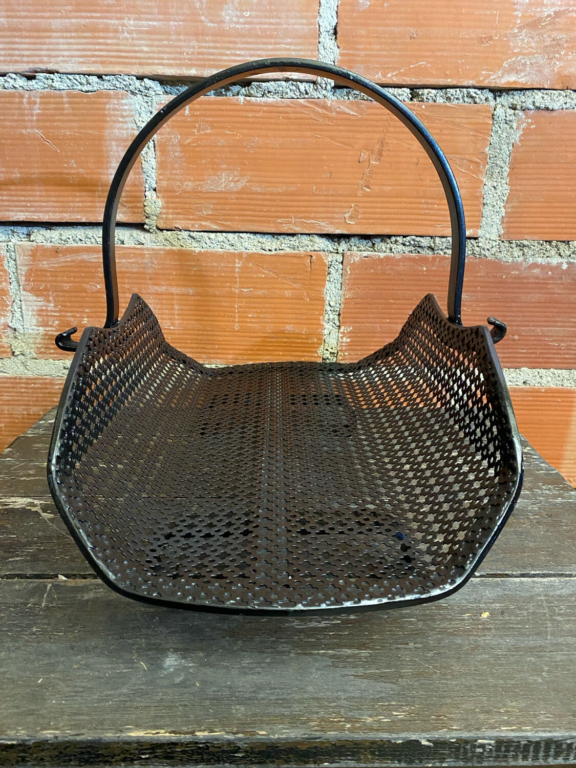 Vintage Black Perforated Sheet Metal Log Holder for Old Fireplace #D6
