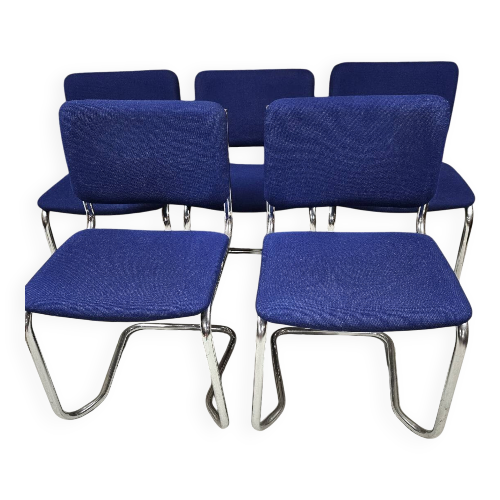 5 vintage tubular chairs in chrome metal and blue fabric