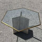 Table à manger plateau en verre/laiton, pied en travertin
