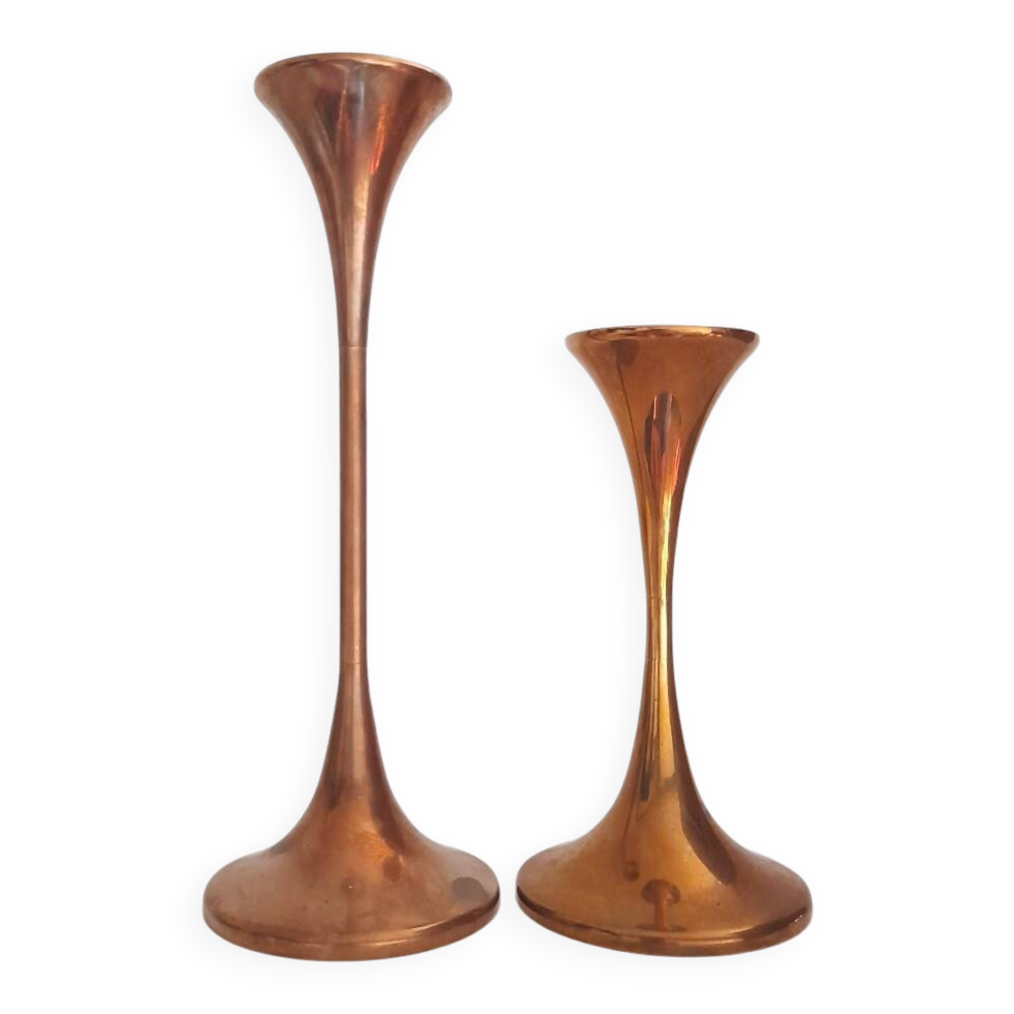 2 Danish solid brass trumpet candlesticks