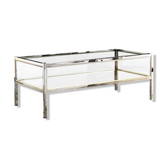 70s designer coffee table, polished metal, glass and mirror