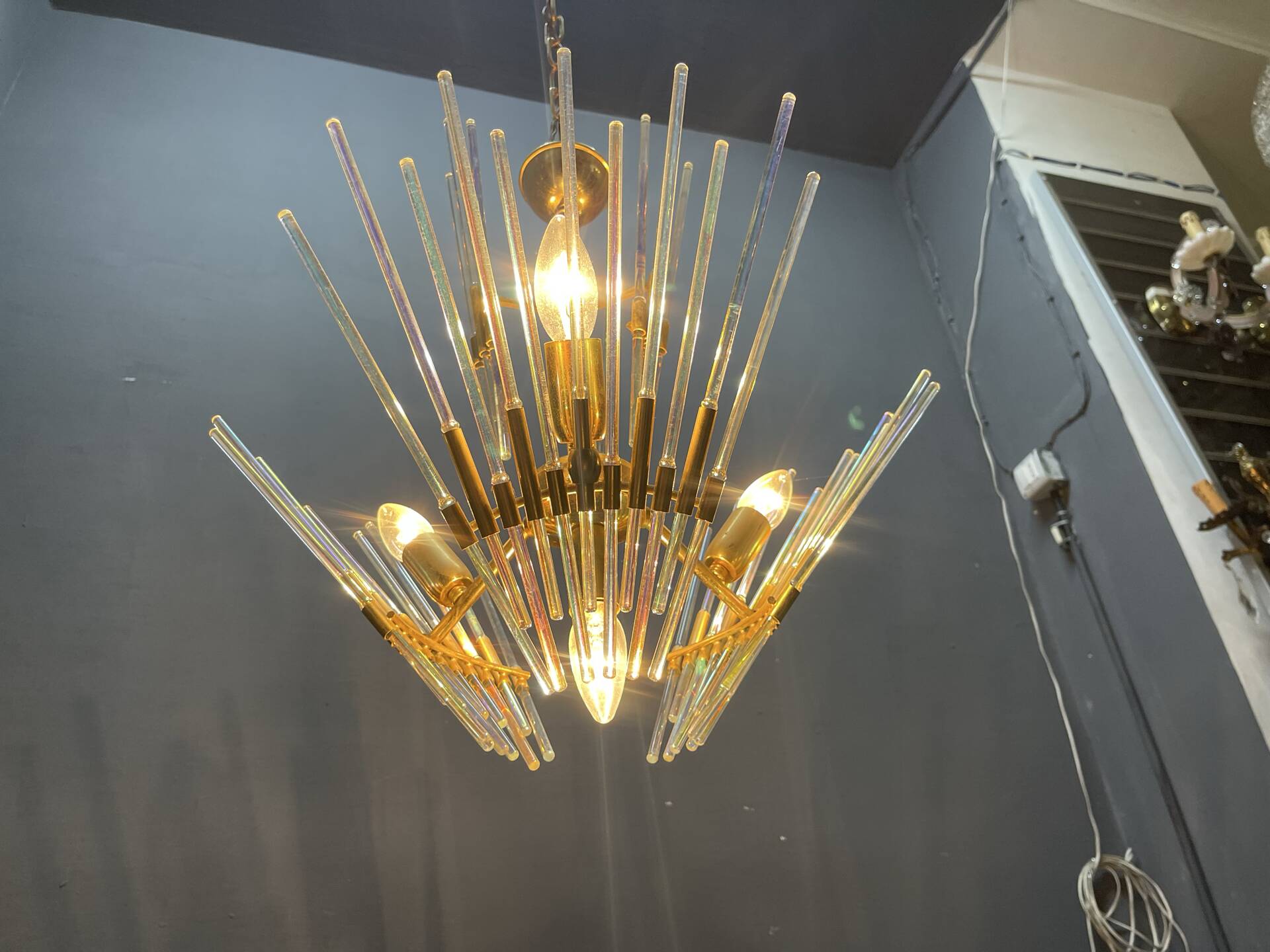 Murano Glass Rod Brass Chandelier, Italy, 1970s