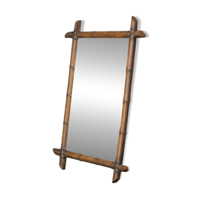 Grand miroir faux bambou en bois massif et miroir patiné, début XXe siècle