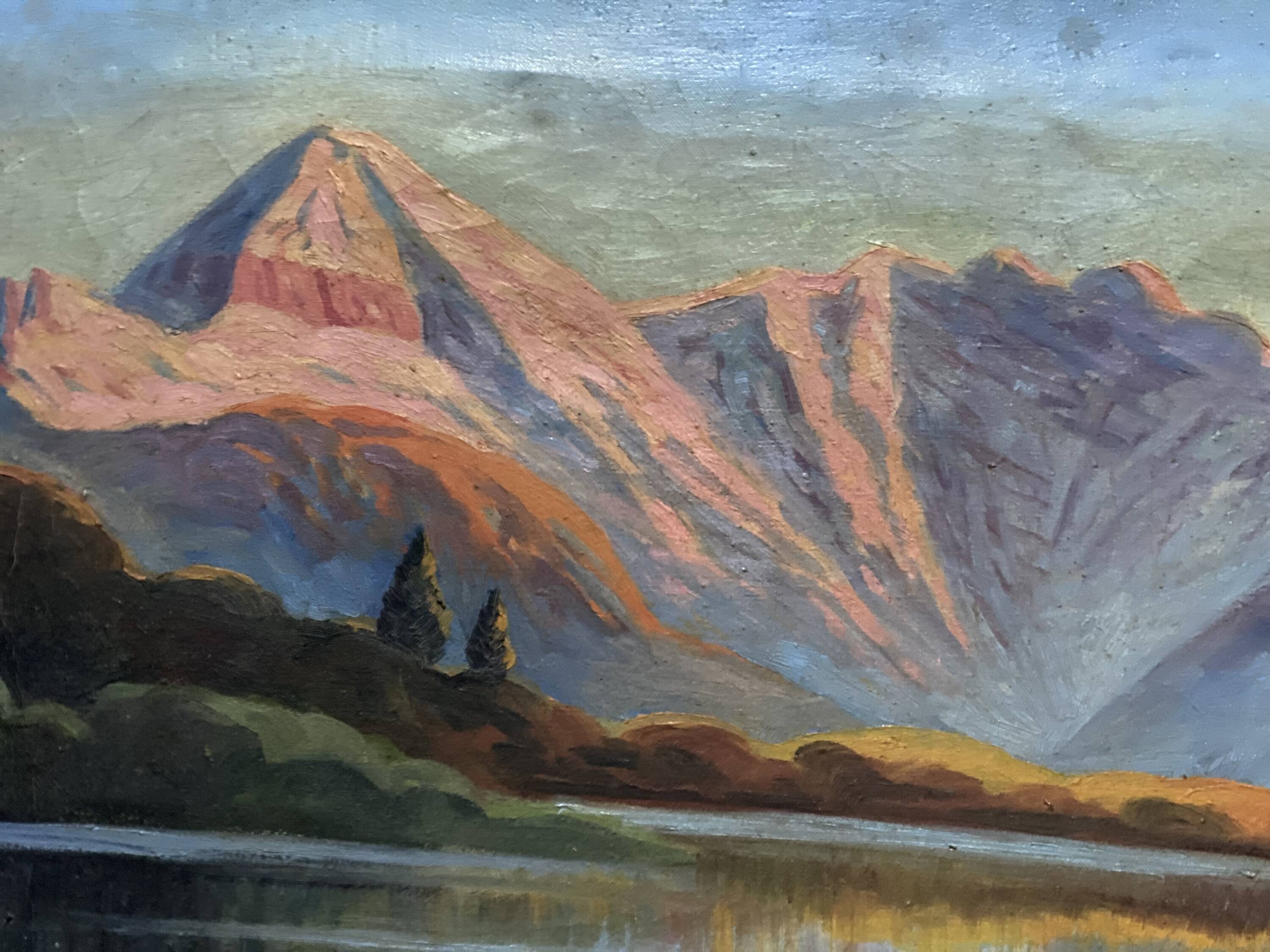 Painting by Andor Kovasits, Sunset on a mountain lake (Austria)