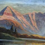 Painting by Andor Kovasits, Sunset on a mountain lake (Austria)