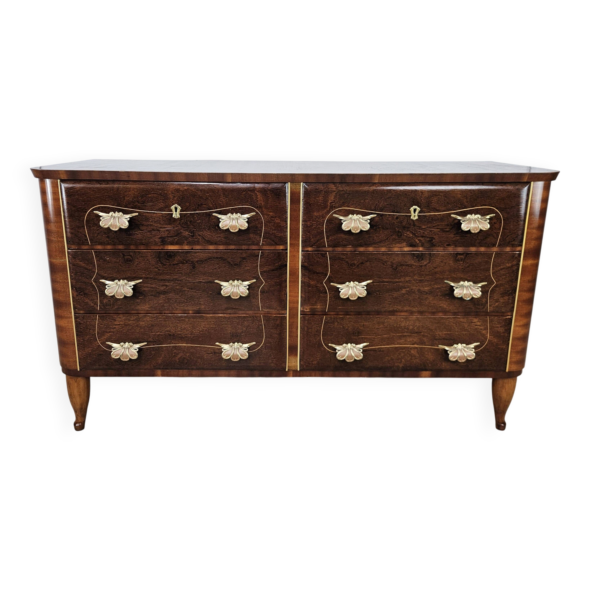 1950s Art Decò walnut burl and brass chest of drawers