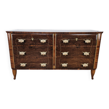 1950s Art Decò walnut burl and brass chest of drawers