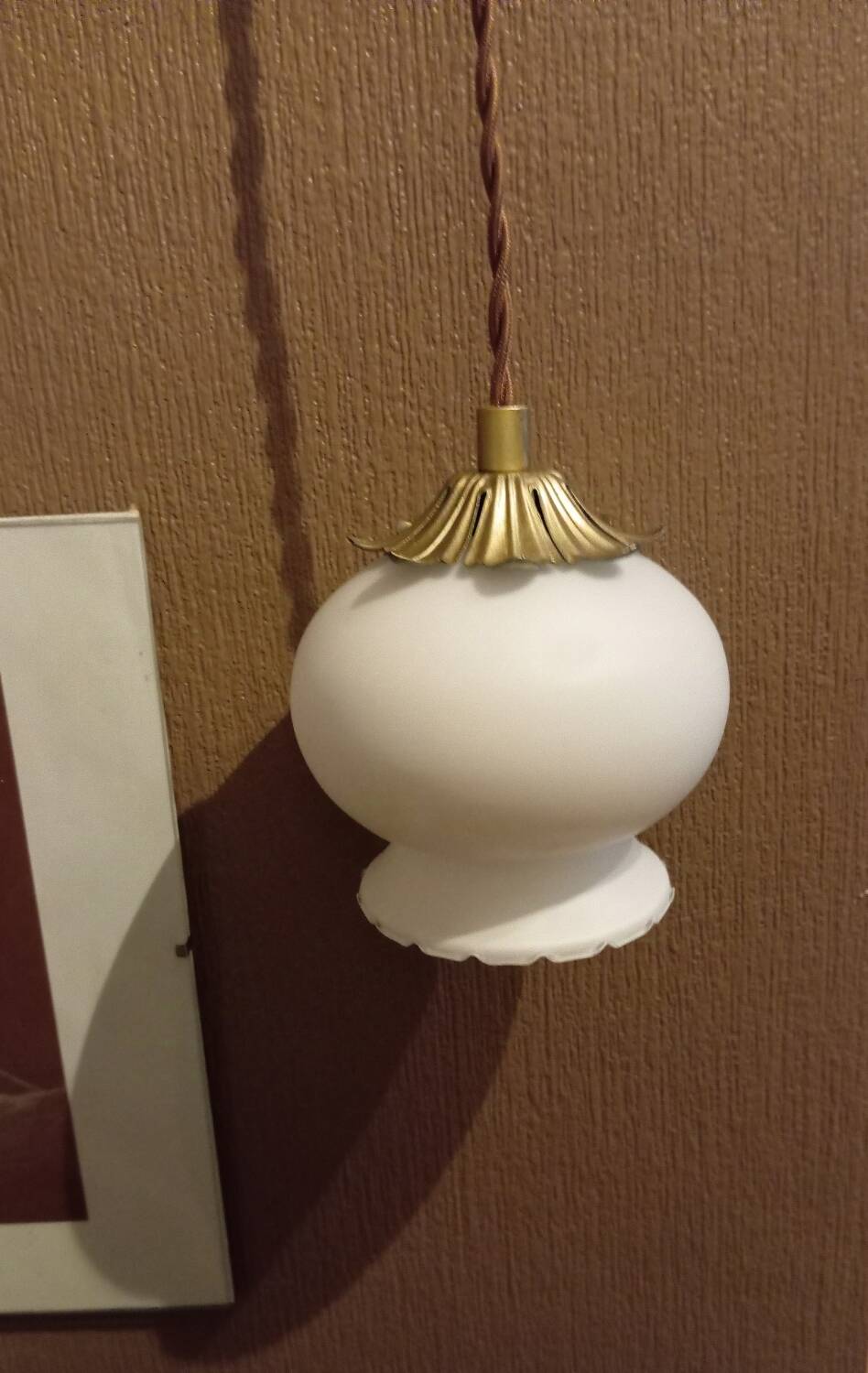 White opaline globe portable lamp, art deco style, brown textile cord