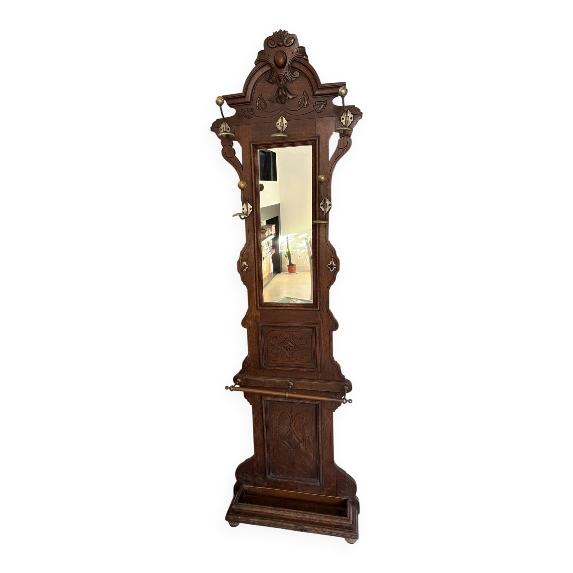 Antique oak carved coat stand, mirror and umbrella stand — late 19th century