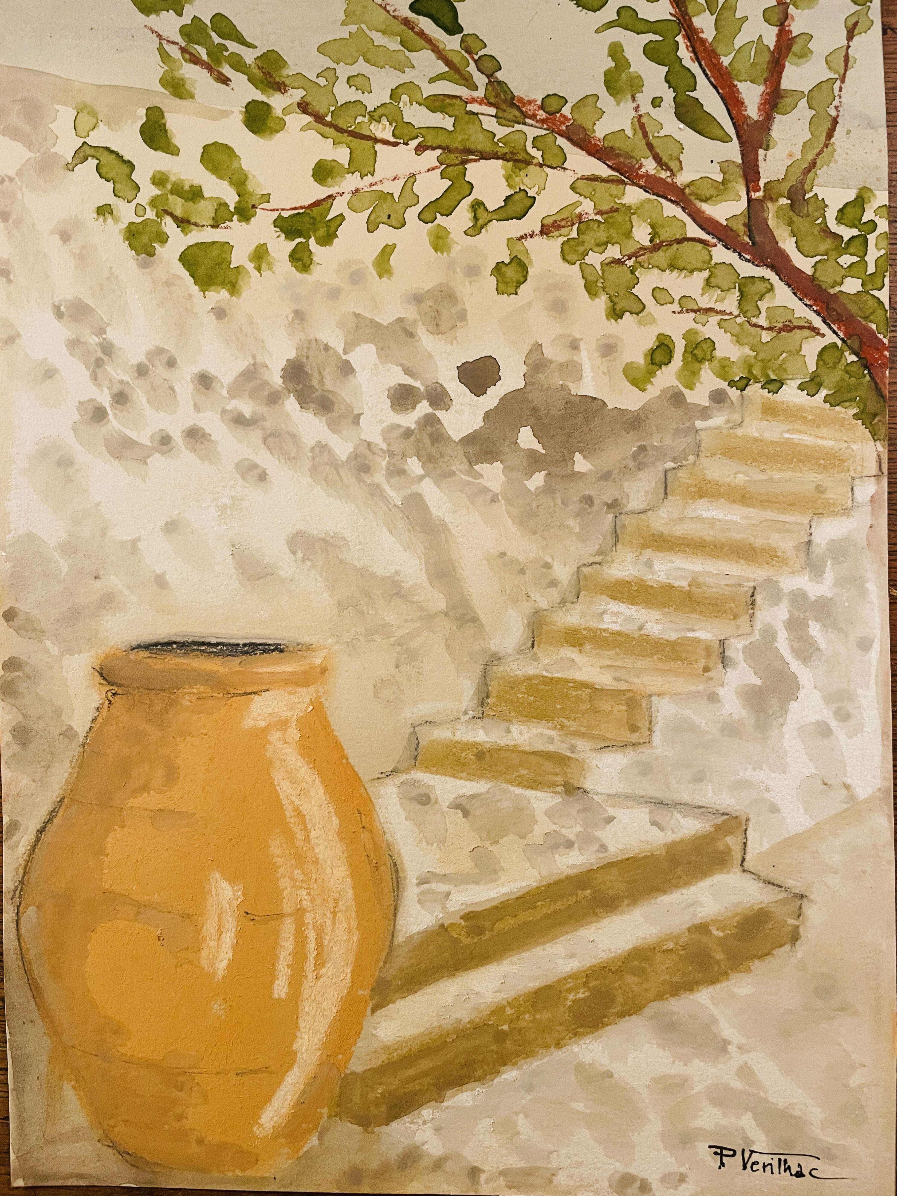 Signed pastel and watercolor painting of a Provençal landscape "the staircase"