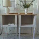 Pair of bedside tables, end tables re-enchanted in pearl gray, wooden top.