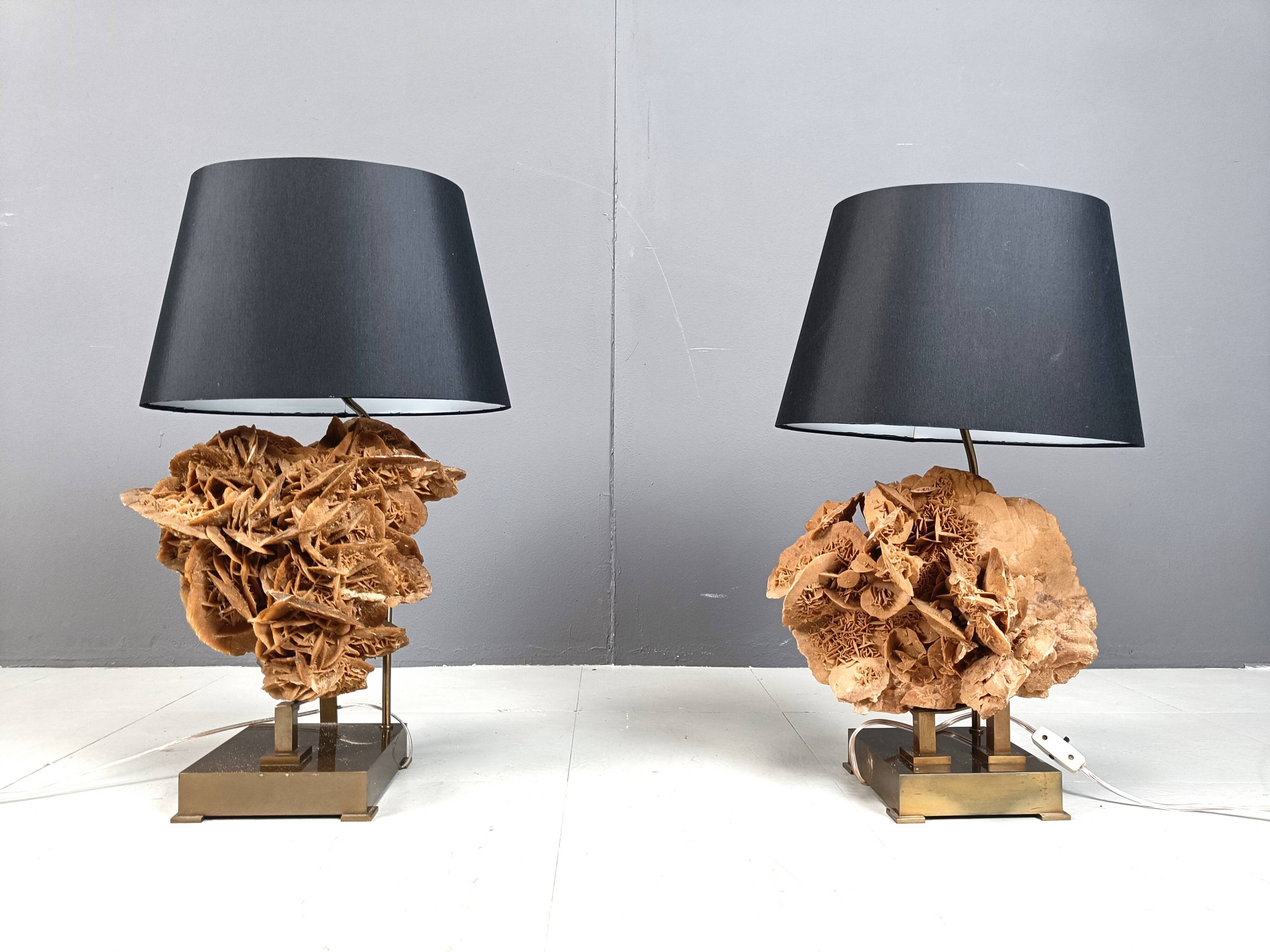 Lampes de table en laiton et pierre rose, années 1970