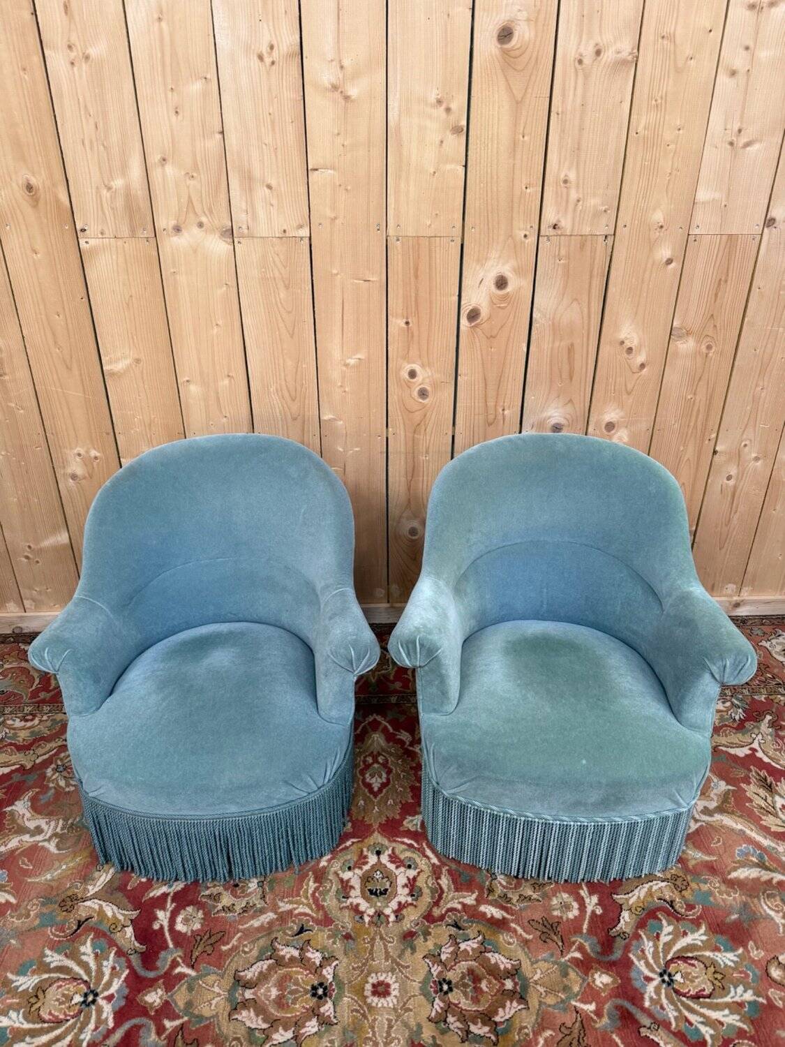 False pair of toad armchairs – Duck blue velvet – Mixed legs XI