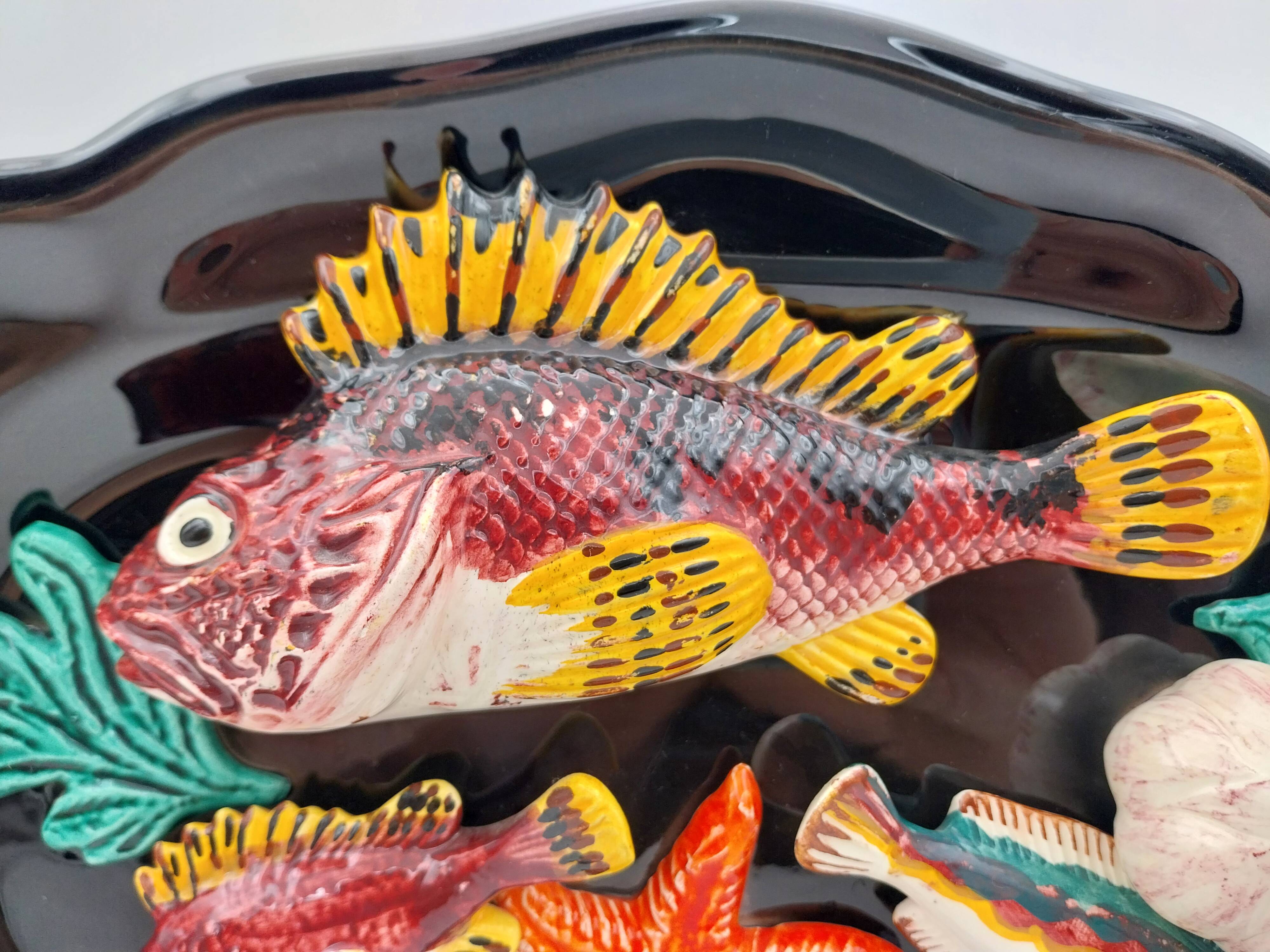 Ceramic dish barbotine vallauris trompe l'oeil kitsch Fish