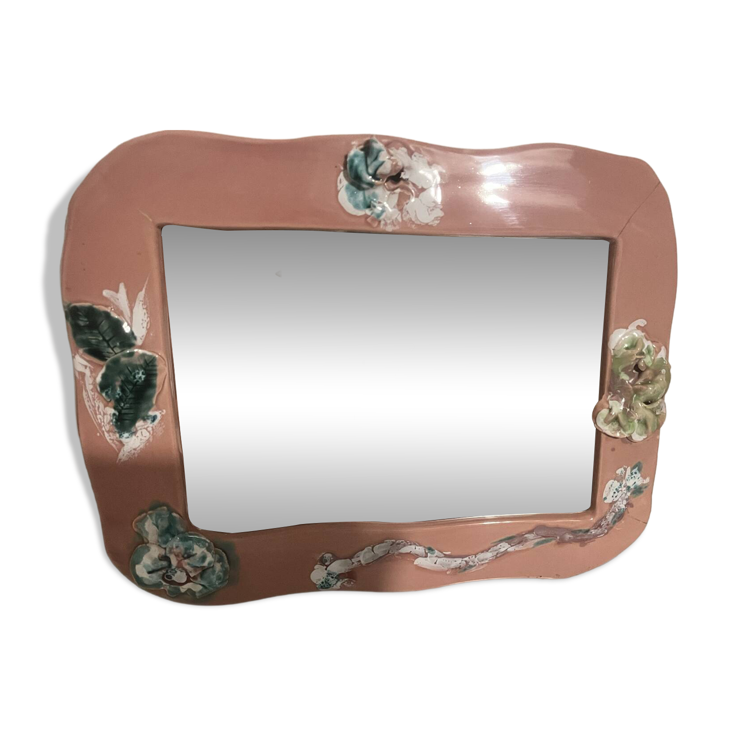 Vintage floral pink ceramic framed mirror signed St-Avit Francalat.