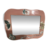 Vintage floral pink ceramic framed mirror signed St-Avit Francalat.