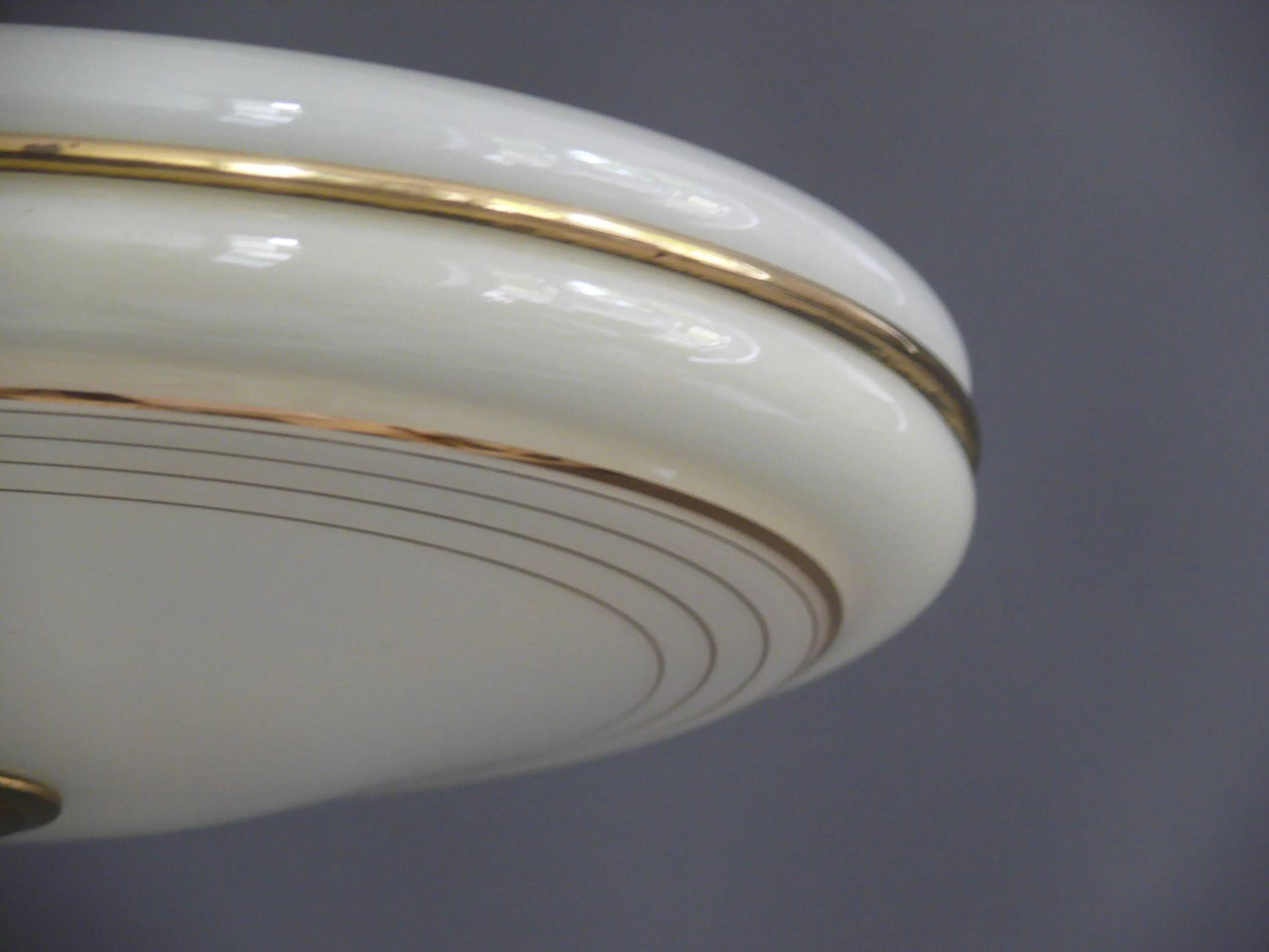 Beige Art Deco Pendant Light with Golden Radial Stripes and Brass Profile, 1930-1940