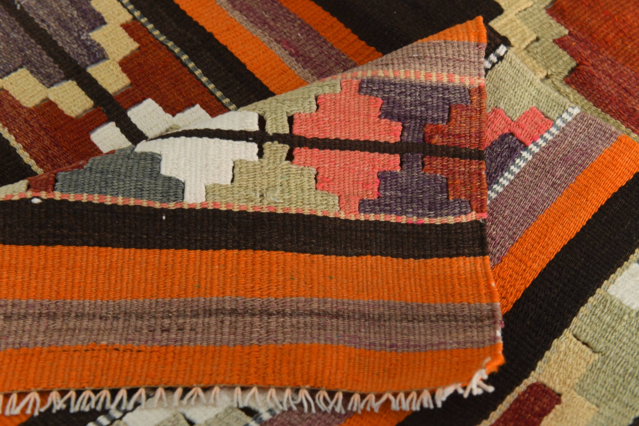 Pink & Brown Turkish Vintage Kilim Runner Rug, 77x387Cm