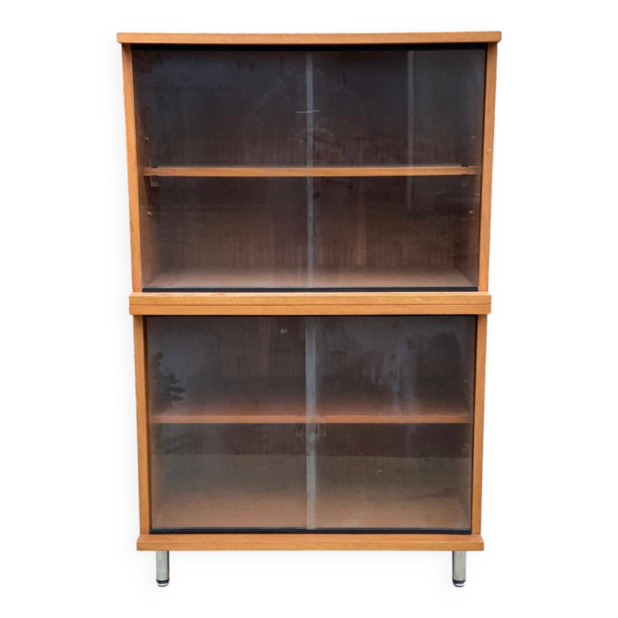 Scandinavian wooden buffet cabinet with sliding glass doors.