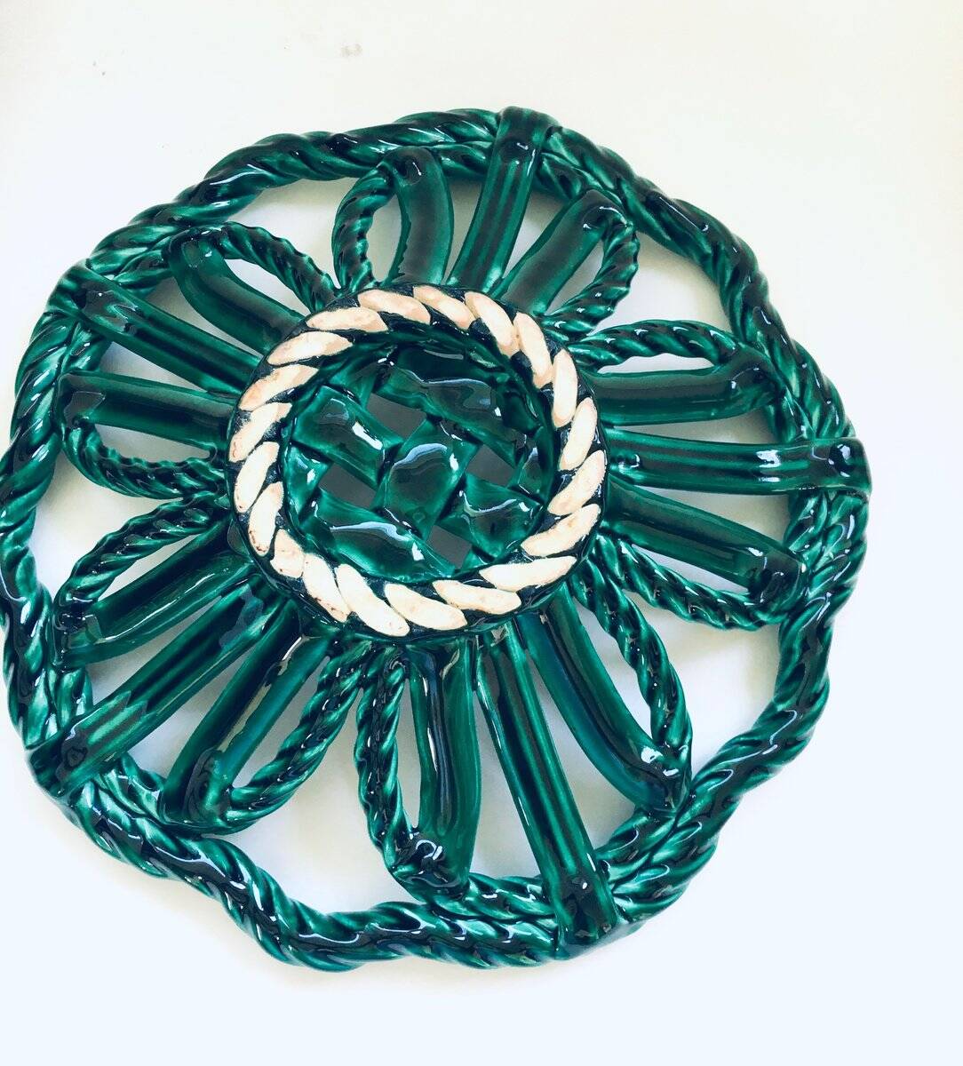 Mid-century Modern Art Ceramics Green Braided Woven Bowl by Vallauris, 1950s