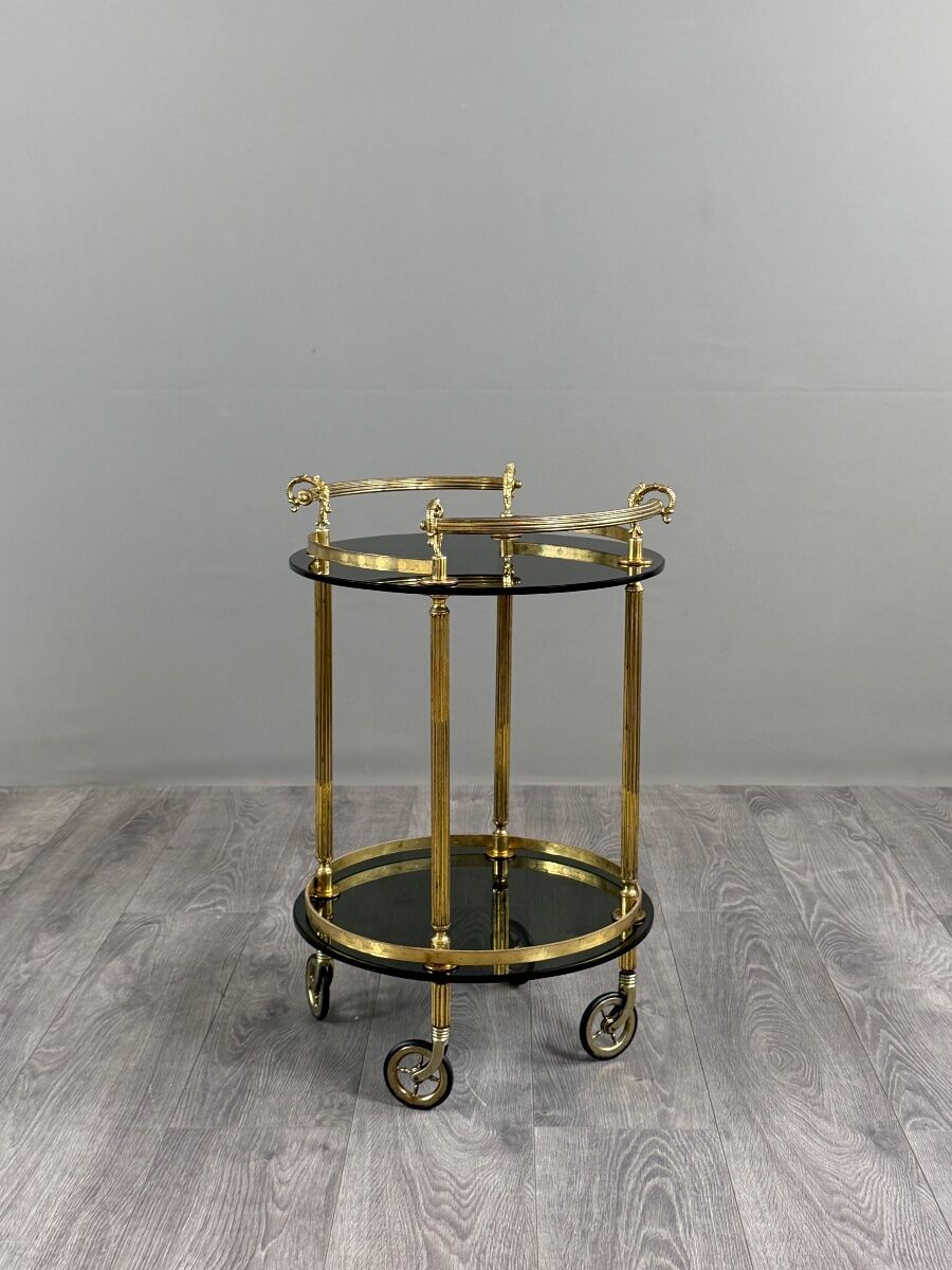 Rolling serving table in gold metal and smoked glass, 20th century