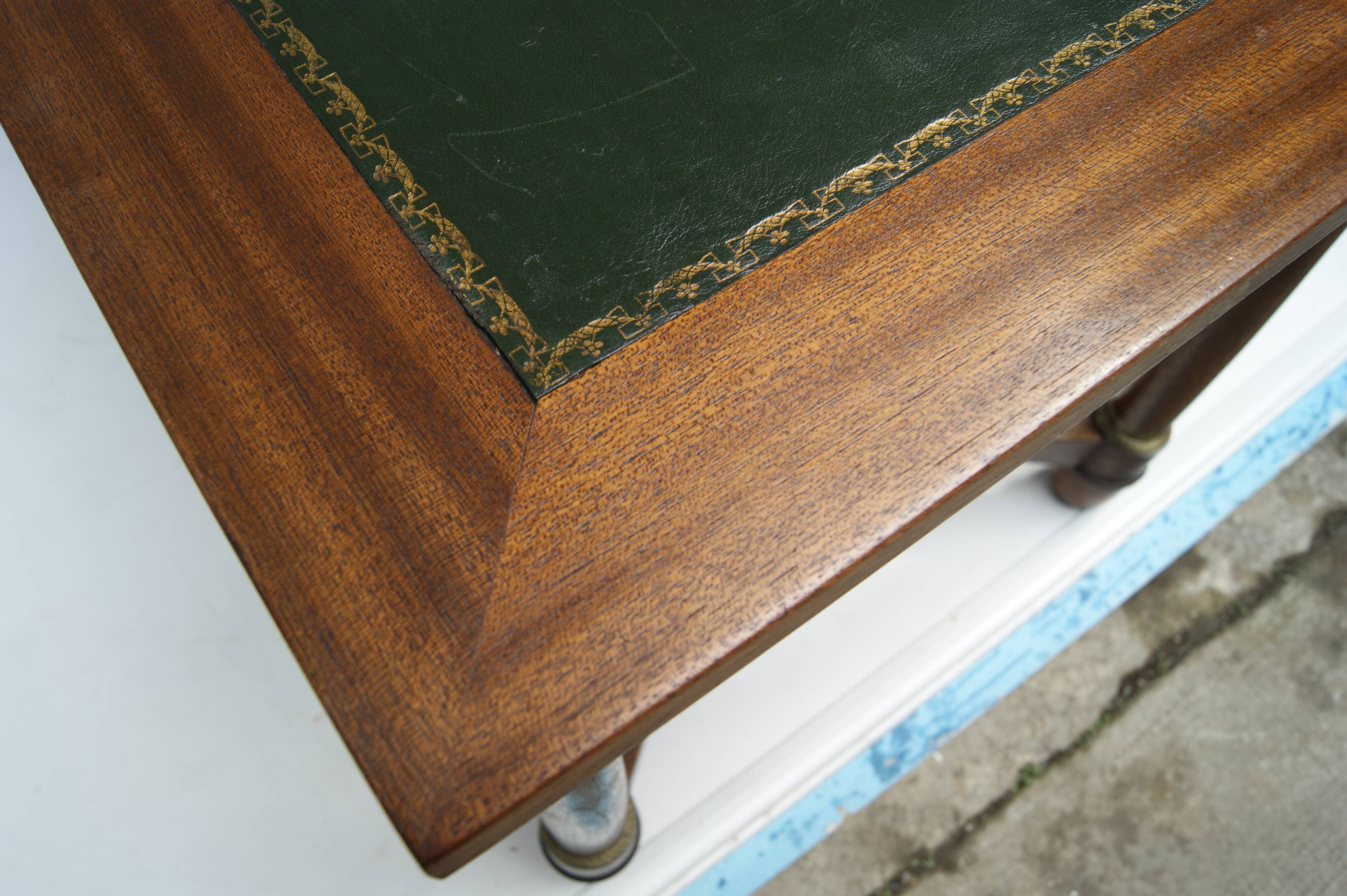 Mahogany coffee table, green leather, bronze Empire style