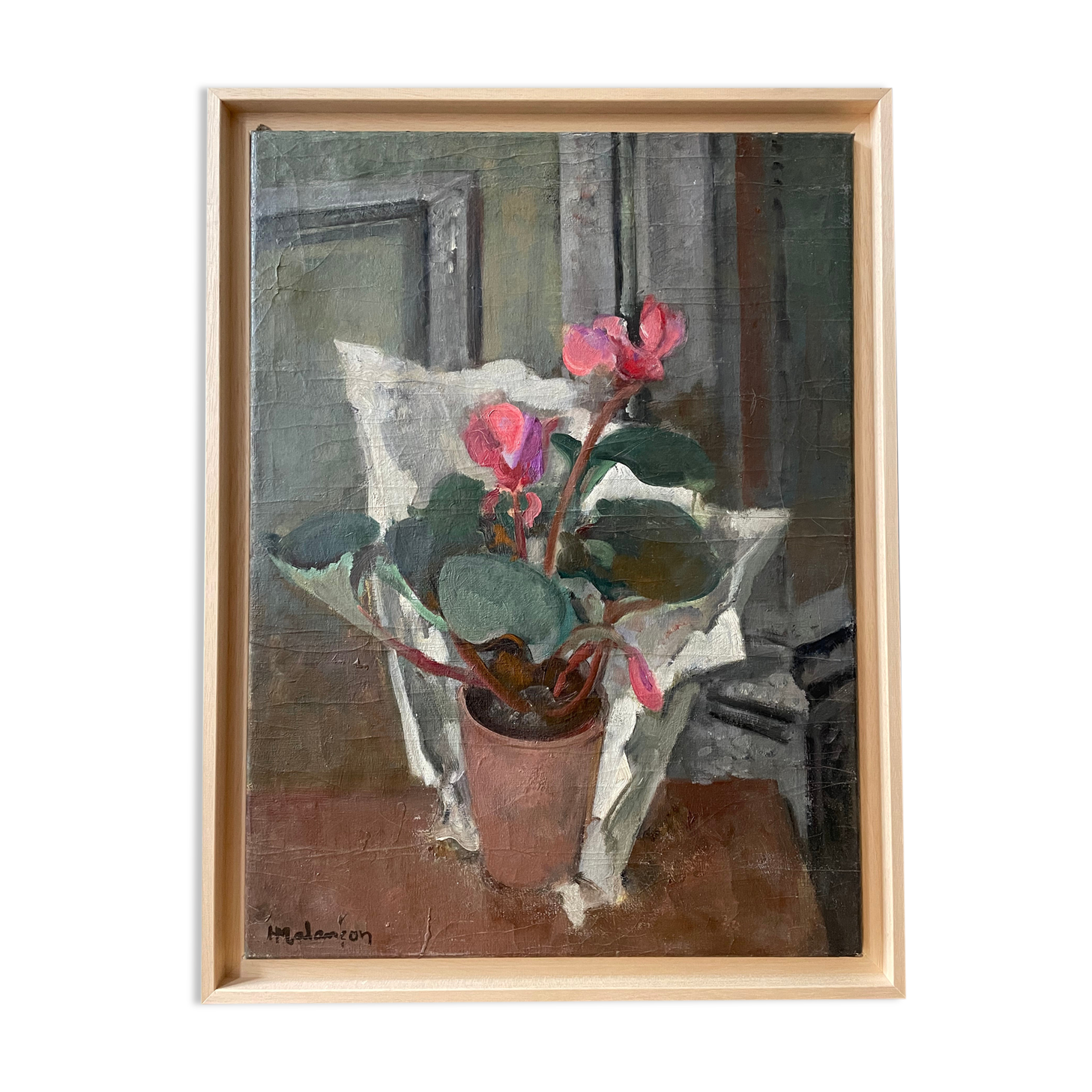 Old painting by Henri Malençon les Cyclamens circa 1940