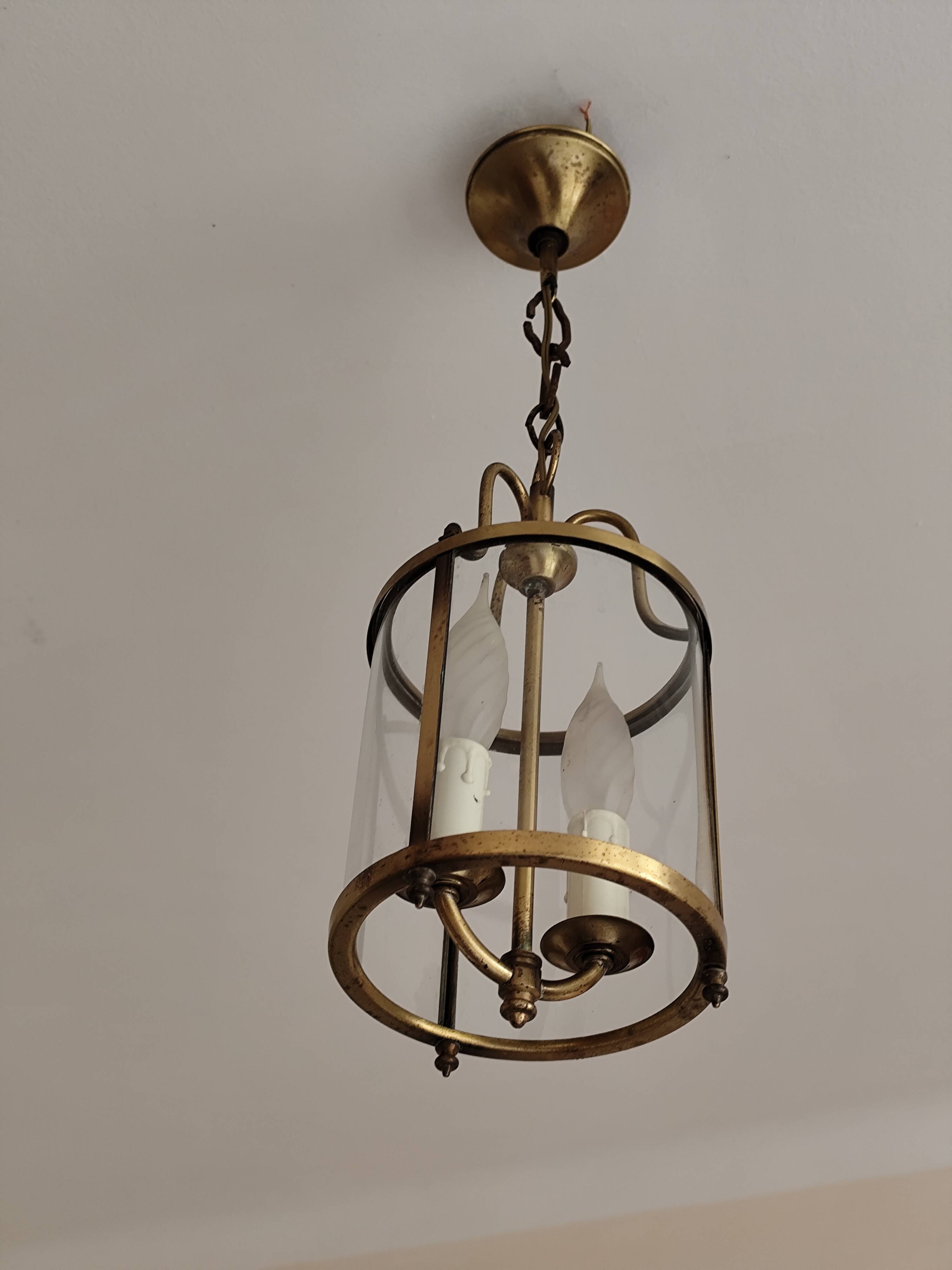 Cylindrical brass and glass lantern in Louis XVI style.