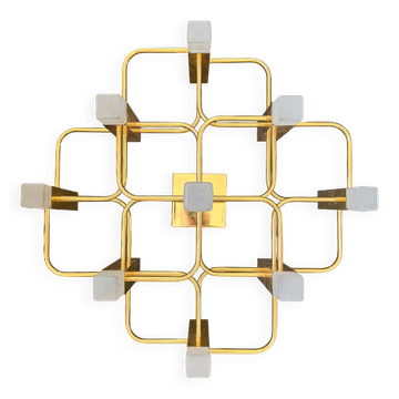 Lampe de plafond vintage en laiton et verre Boulanger Belgique Scoliari Gaetano