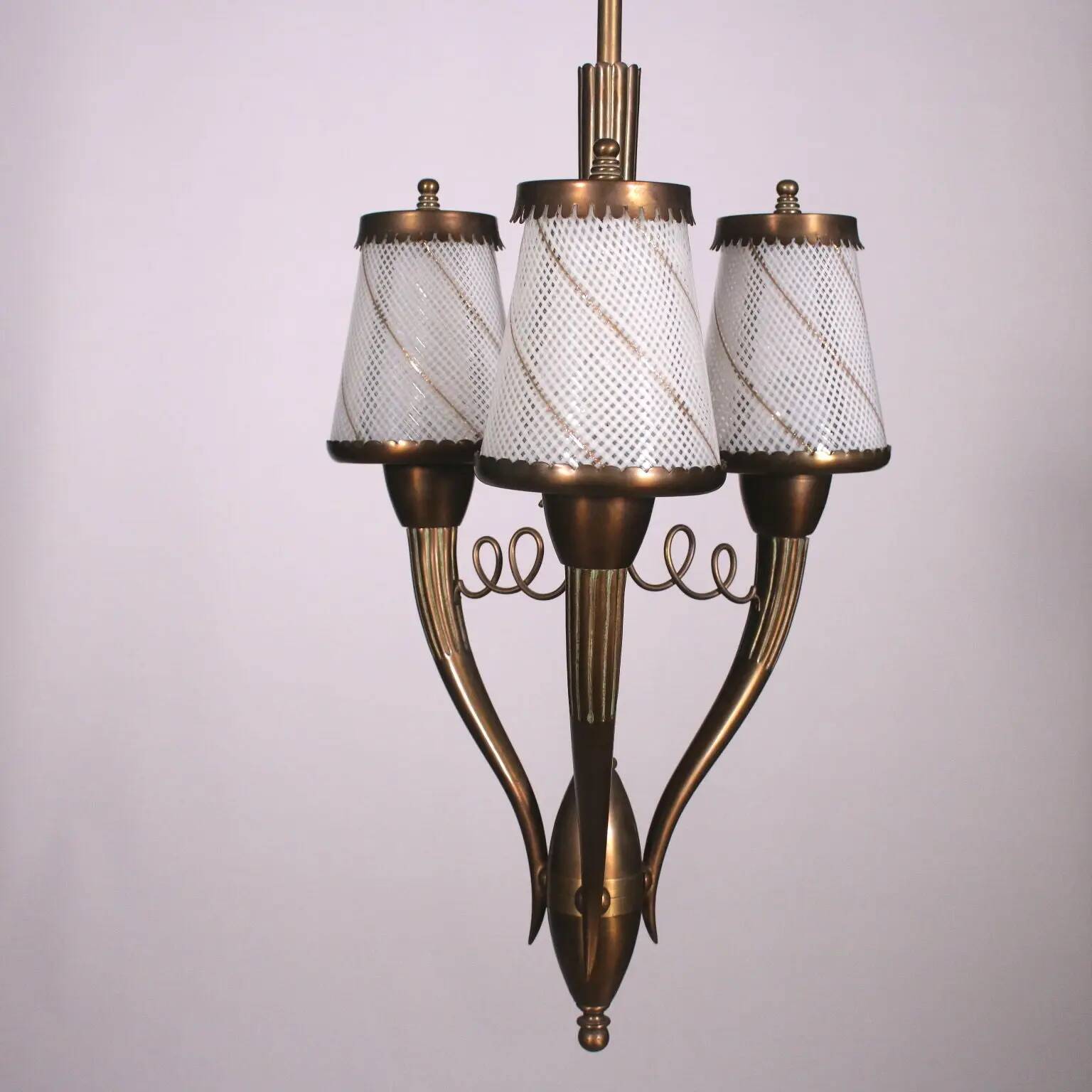 Brass and filigree glass ceiling light, Italian production from the 1940s.