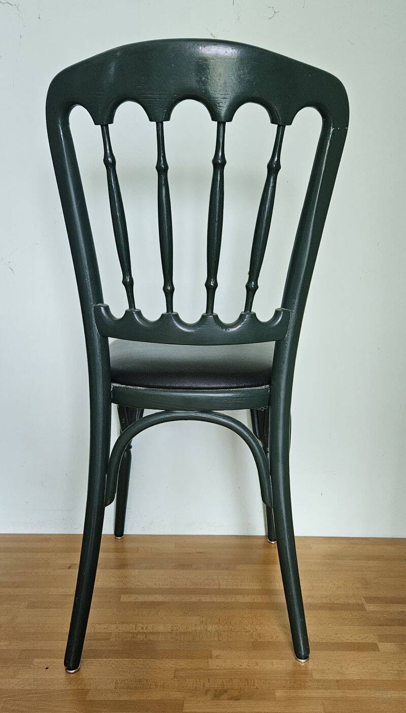 Set of 6 english green bistro chairs and black leatherette seat