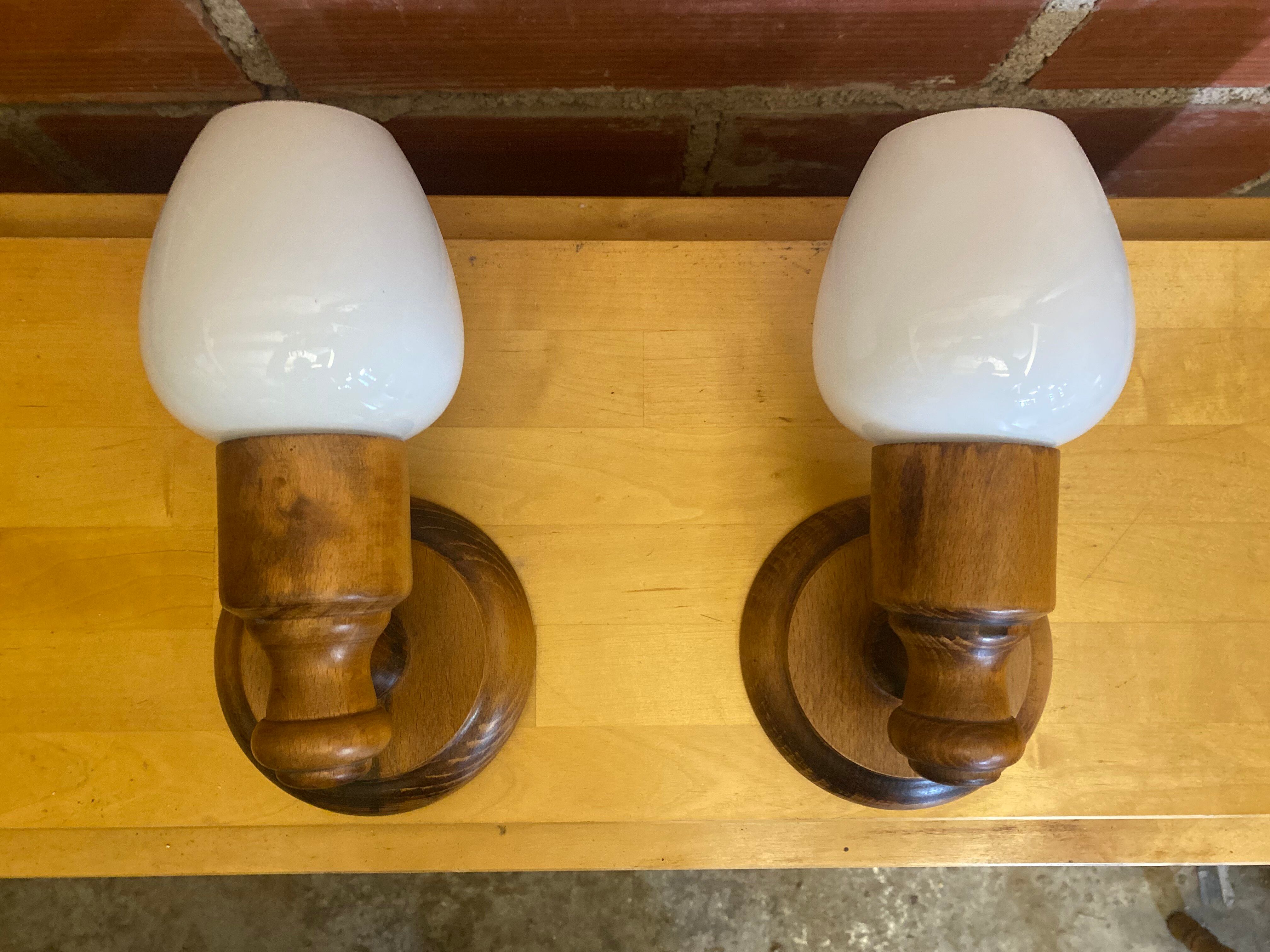 Vintage 1970s Pair of Wall Lights Beech + White Opaline Glass