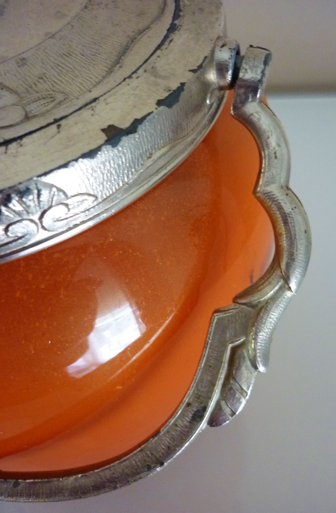 Seau, pot à biscuits ancien, verre soufflé, émaillé, ateliers Legras, art nouveau